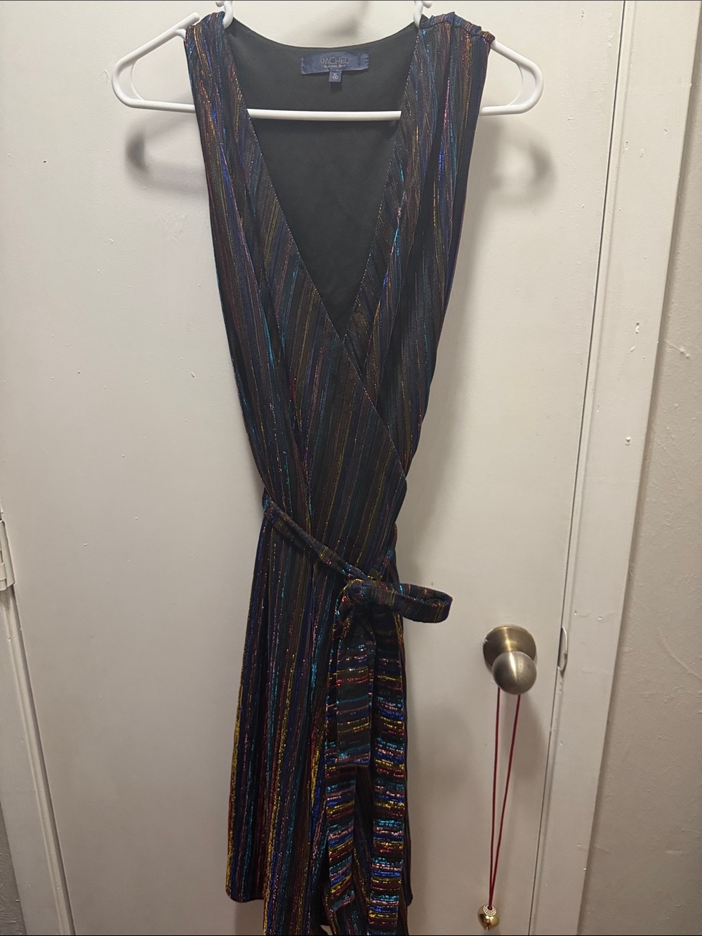 RACHEL Rachel Roy Black Multicolor Metallic Stripe Wrap Dress with Self-Tie(11)